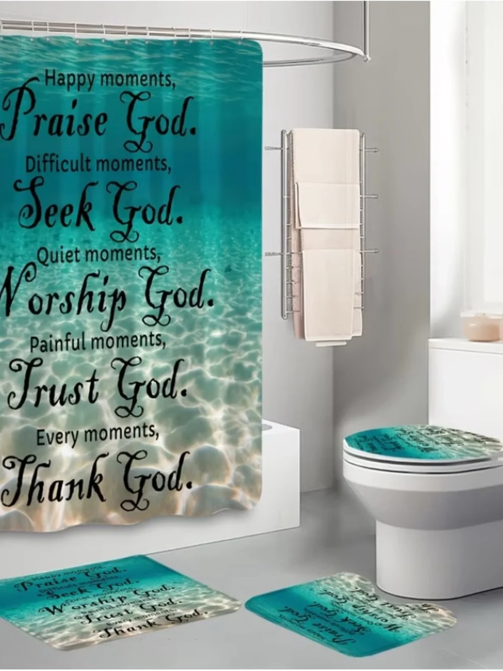 🆕 4 Pc Full Teal Inspirational Bathroom Shower Curtain and Mat Set - Faith Quote